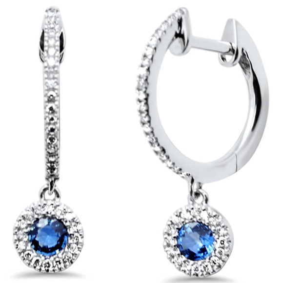 0.39 CT Diamond & Blue Sapphire Dangling Hoop Earrings in 14K White Gold